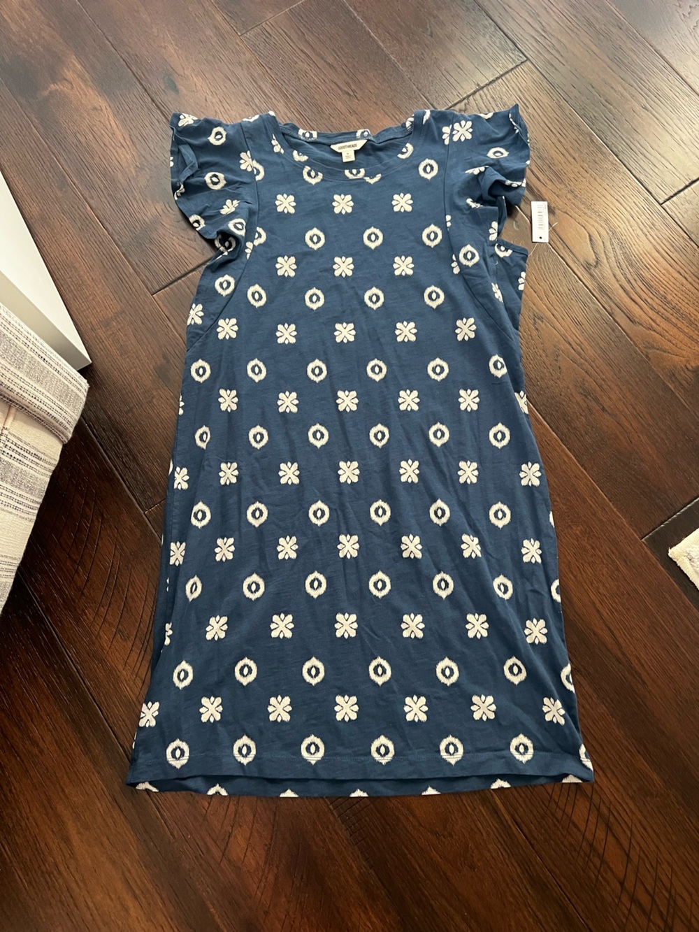 Relaxed fit heavyweight cotton slub ruffle sleeve dress indigo ikat